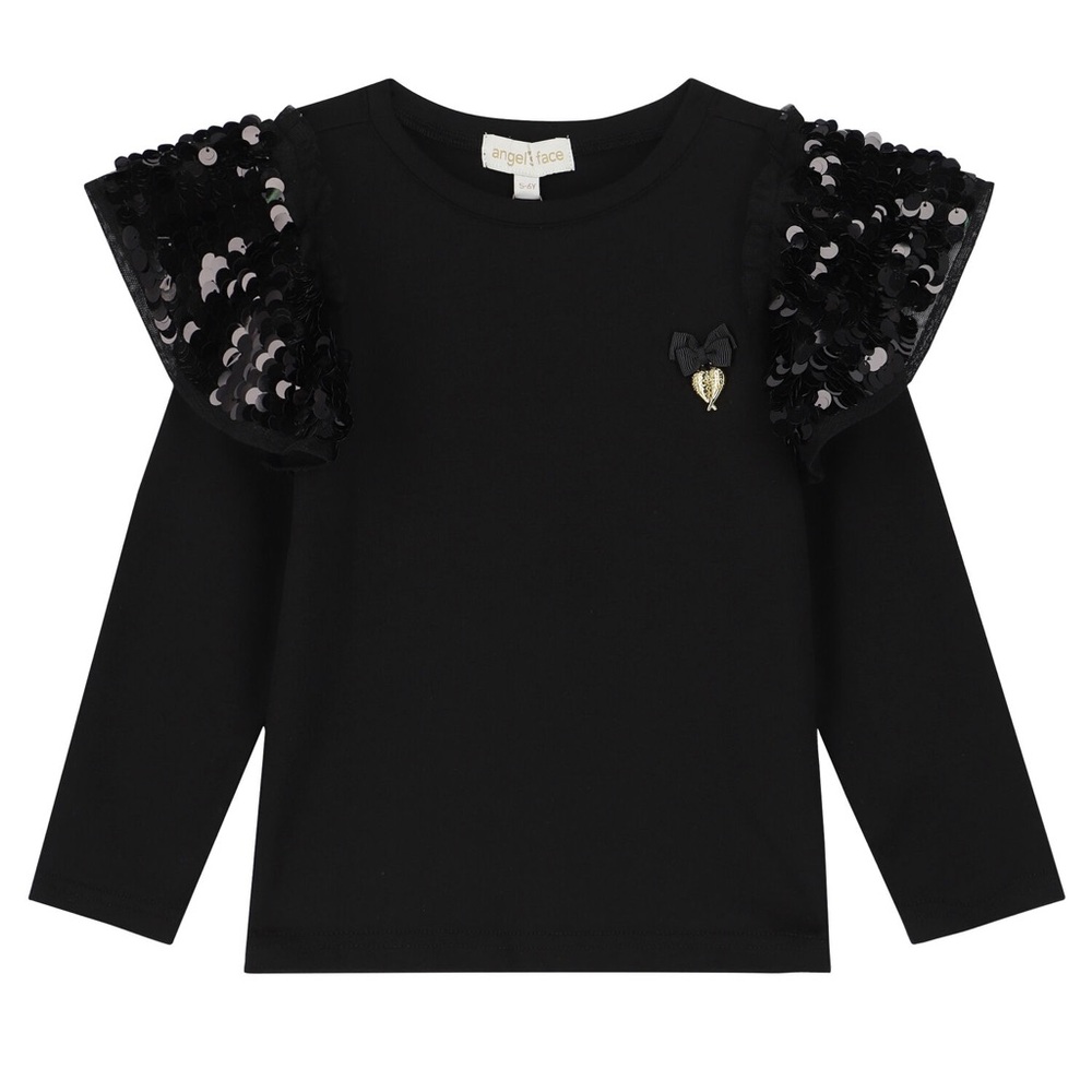 ANGEL'S FACE Boutique‎ Girls Black Sequin Flutter ruffle sleeve Long Sleeve Top